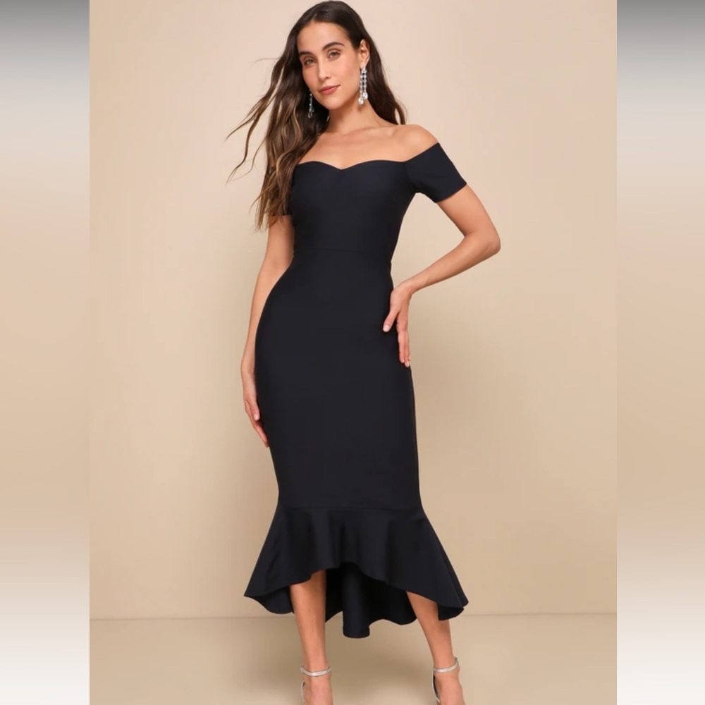 How Much I Care Midnight Blue Off-the-Shoulder Midi Dress